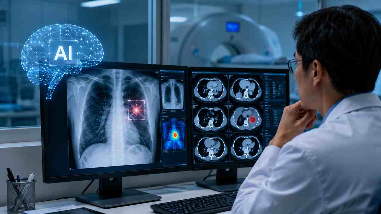 Bác sĩ xem phim X-quang trên màn hình có hỗ trợ AI