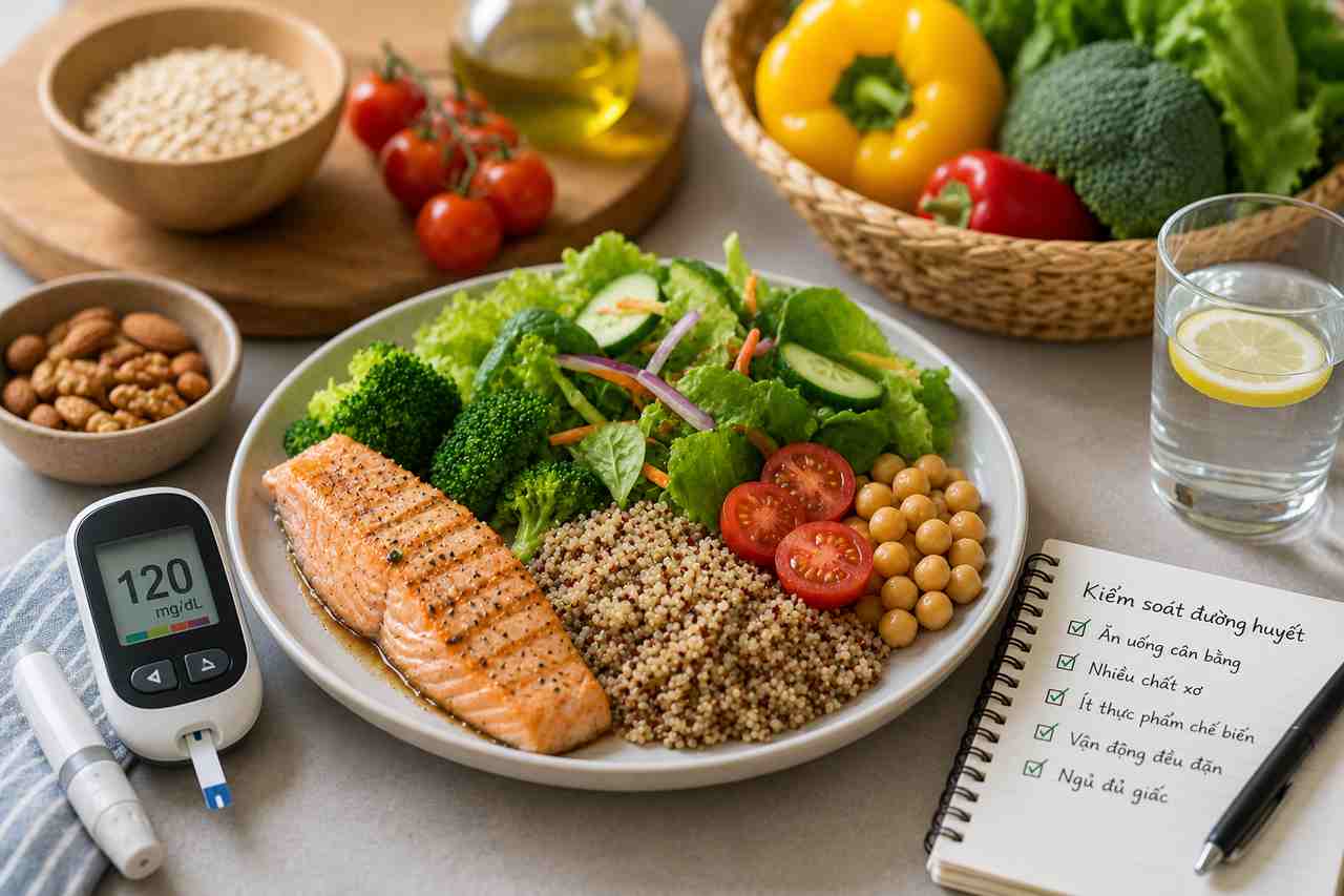 Đĩa thức ăn với rau củ, ngũ cốc nguyên hạt và cá, minh họa chế độ ăn kiểm soát đường huyết