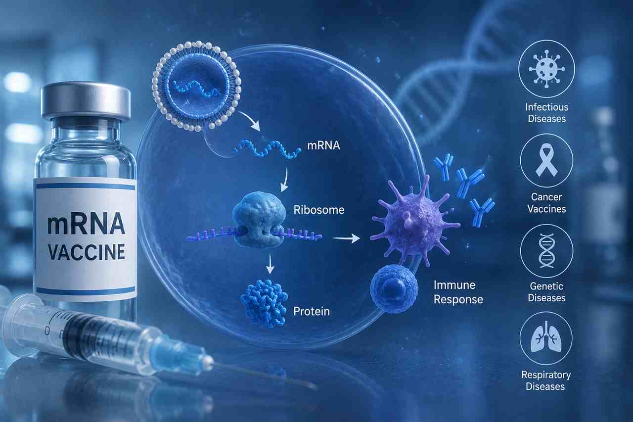Minh họa phân tử mRNA và ống tiêm vaccine