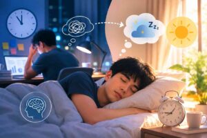 Người đang ngủ nướng trên giường vào buổi sáng cuối tuần