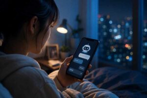 Người trẻ nhắn tin với chatbot AI trên điện thoại vào ban đêm