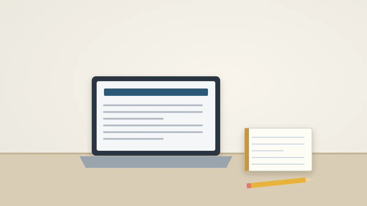 Minh họa máy tính xách tay mở bản nháp email cạnh sổ tay và bút chì
