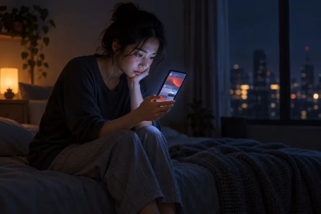 Người dùng lướt màn hình điện thoại trong bóng tối đọc tin tức tiêu cực
