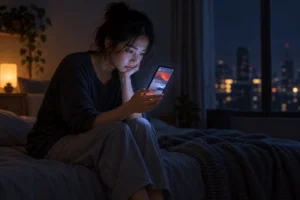 Người dùng lướt màn hình điện thoại trong bóng tối đọc tin tức tiêu cực