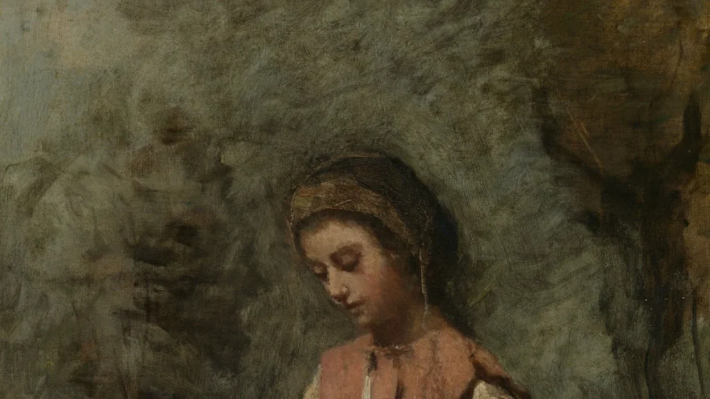 Tranh “Cô gái kết vòng hoa” (Camille Corot, 1860–65), người phụ nữ ngồi làm thủ công giữa thiên nhiên, minh họa bài về du lịch cộng đồng và phụ nữ dân tộc thiểu số