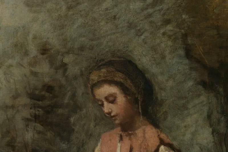 Tranh “Cô gái kết vòng hoa” (Camille Corot, 1860–65), người phụ nữ ngồi làm thủ công giữa thiên nhiên, minh họa bài về du lịch cộng đồng và phụ nữ dân tộc thiểu số