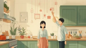 Minh họa cặp vợ chồng trong bếp cùng chia nhau những việc vô hình treo trên sợi chỉ, chủ đề gánh nặng tinh thần mental load
