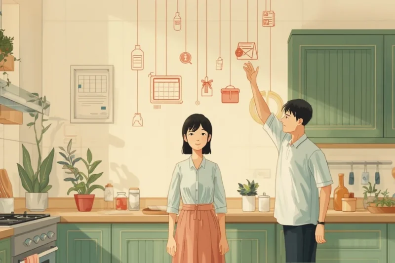 Minh họa cặp vợ chồng trong bếp cùng chia nhau những việc vô hình treo trên sợi chỉ, chủ đề gánh nặng tinh thần mental load