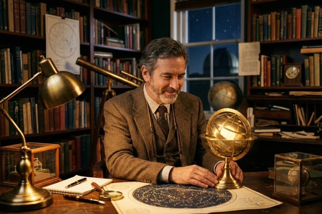 Chân dung nhà thiên văn học bên mô hình quả cầu vũ trụ minh họa cho Hiệu ứng Carl Sagan trong giới học thuật