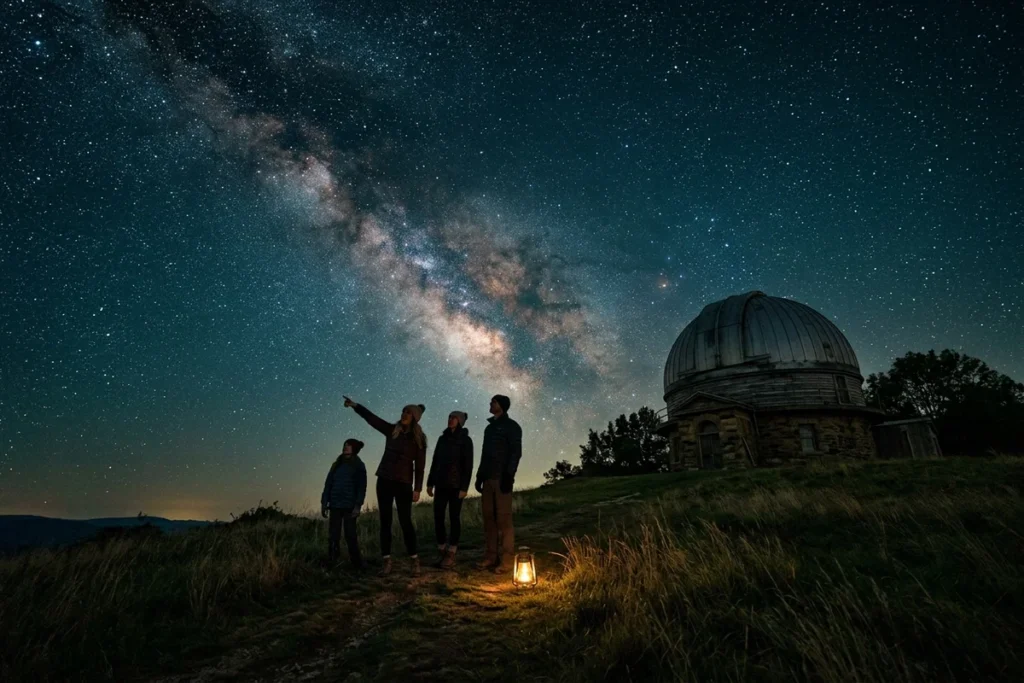 Người dân quan sát bầu trời đêm cạnh đài thiên văn minh họa cho Khoa học công dân Citizen Science