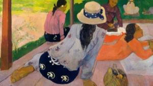 Tranh “Giấc ngủ trưa” (Paul Gauguin, khoảng 1892–94), những người phụ nữ ngồi nghỉ dưới mái hiên, minh họa bài về kiệt sức ở phụ nữ đi làm