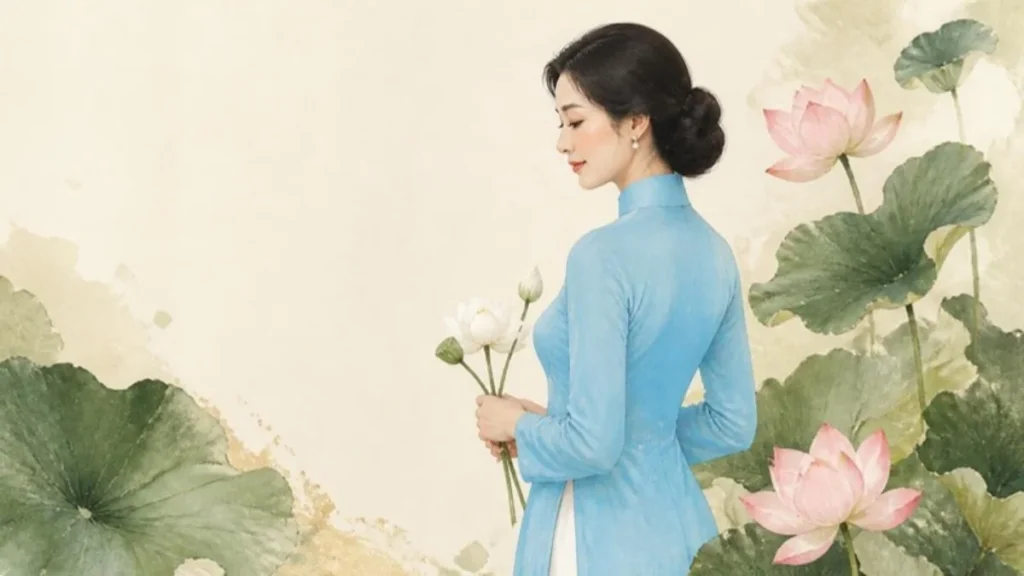 Minh họa người phụ nữ Việt Nam mặc áo dài xanh cầm hoa sen trắng, chủ đề ngày Phụ nữ Việt Nam 20/10