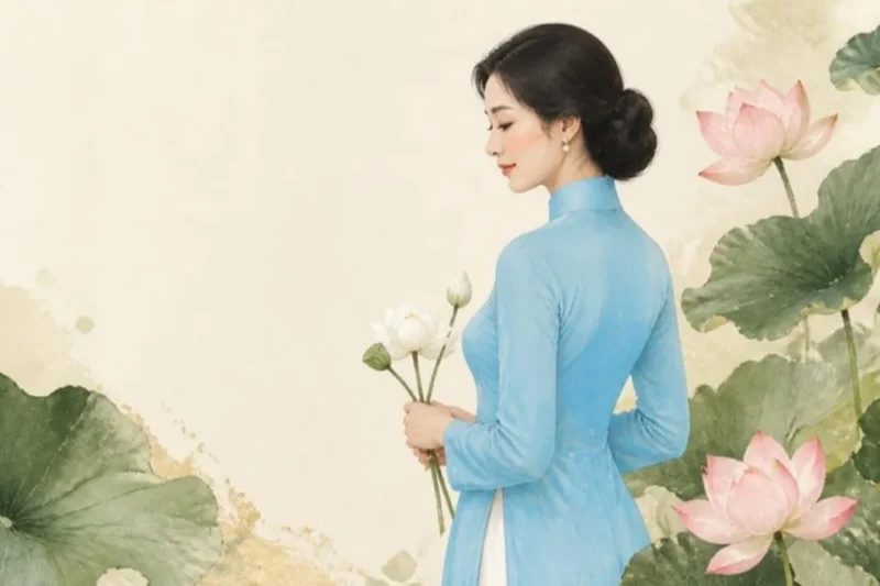 Minh họa người phụ nữ Việt Nam mặc áo dài xanh cầm hoa sen trắng, chủ đề ngày Phụ nữ Việt Nam 20/10
