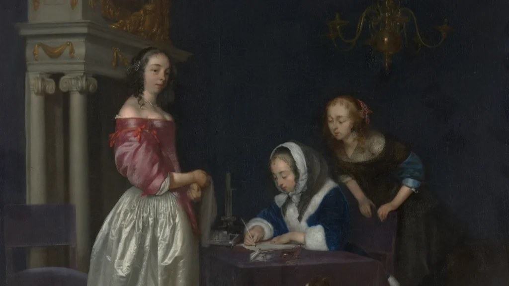 Tranh “Tò mò” (Gerard ter Borch, khoảng 1660–62), ba người phụ nữ bên bàn viết thư, minh họa bài về ngôn ngữ gắn giới trong tin tuyển dụng