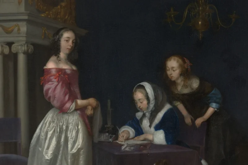 Tranh “Tò mò” (Gerard ter Borch, khoảng 1660–62), ba người phụ nữ bên bàn viết thư, minh họa bài về ngôn ngữ gắn giới trong tin tuyển dụng