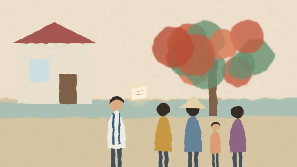 Tranh màu nước nhà khoa học trò chuyện với người dân bên bờ sông, minh họa nhà khoa học và truyền thông với công chúng
