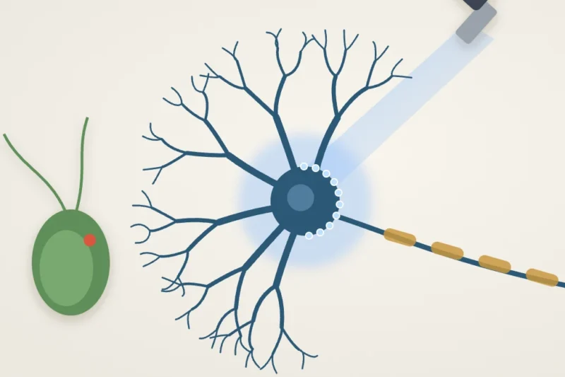 Minh họa optogenetics: tế bào thần kinh sáng lên dưới chùm ánh sáng xanh từ sợi quang, bên cạnh tế bào tảo lục