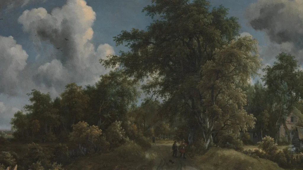 Tranh “Con đường trong rừng” (Meyndert Hobbema, khoảng 1670), lối đi dưới hàng cây và trời mây, minh họa bài về phụ nữ du lịch một mình