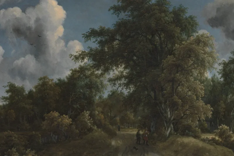 Tranh “Con đường trong rừng” (Meyndert Hobbema, khoảng 1670), lối đi dưới hàng cây và trời mây, minh họa bài về phụ nữ du lịch một mình
