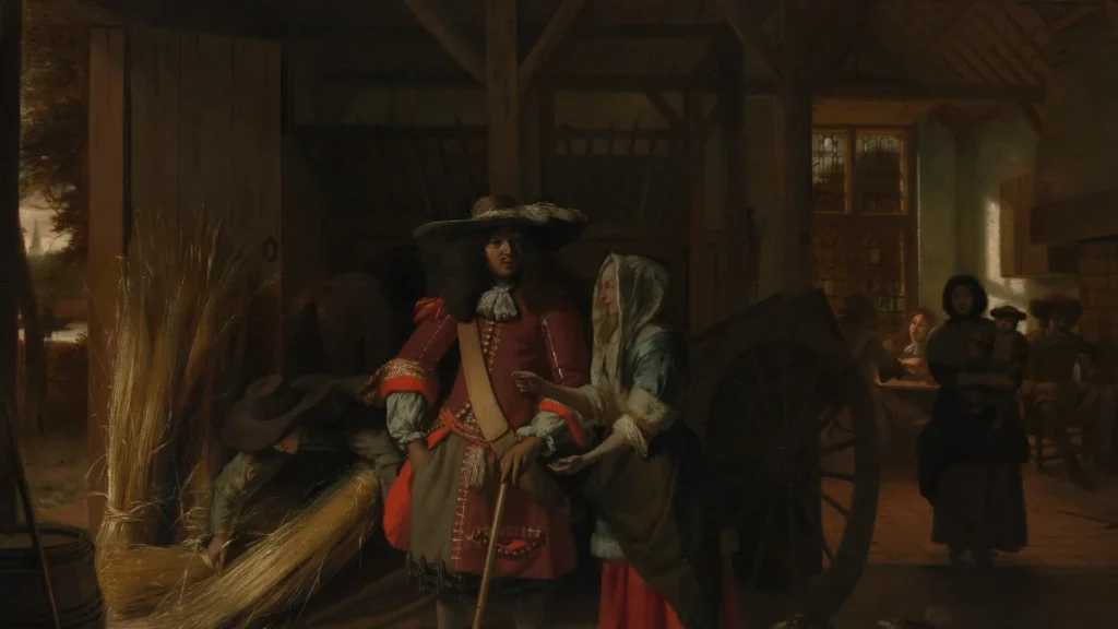 Tranh “Trả tiền cho bà chủ quán” (Pieter de Hooch, khoảng 1670), bà chủ nhà trọ tiếp khách, minh họa bài về phụ nữ khởi nghiệp du lịch