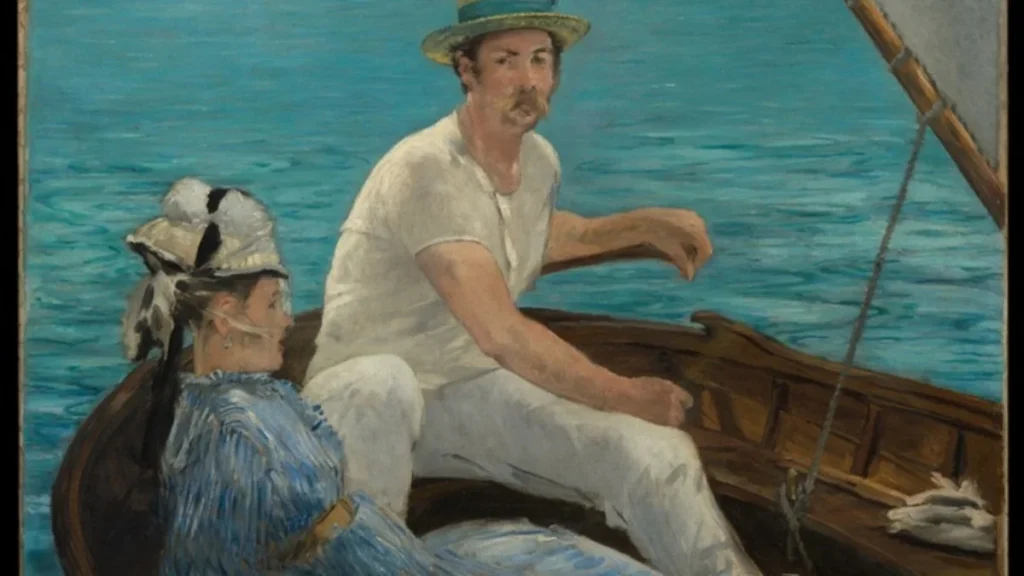 Tranh Boating (Édouard Manet, 1874) cảnh du ngoạn trên thuyền, minh họa chủ đề phụ nữ trong ngành du lịch