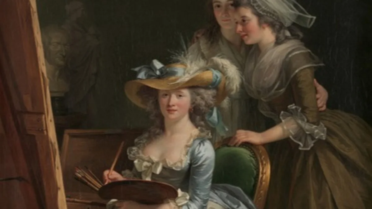 Tranh tự họa của nữ họa sĩ Adélaïde Labille-Guiard cùng hai học trò (1785), minh họa chủ đề phụ nữ trong nghiên cứu khoa học