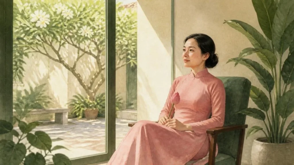 Minh họa người phụ nữ mặc áo dài hồng ngồi bên cửa sổ phòng khám, cầm nụ sen, chủ đề tầm soát ung thư cổ tử cung