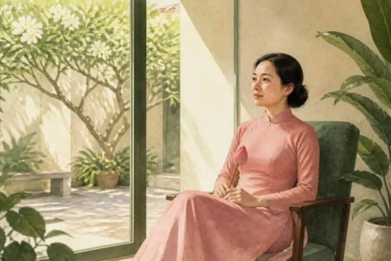 Minh họa người phụ nữ mặc áo dài hồng ngồi bên cửa sổ phòng khám, cầm nụ sen, chủ đề tầm soát ung thư cổ tử cung
