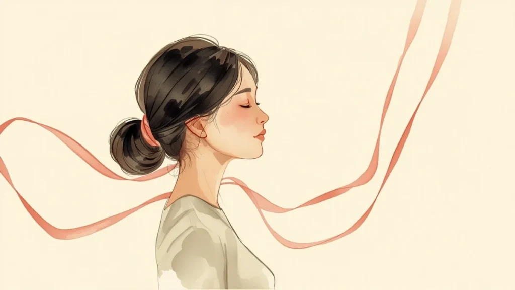 Minh họa người phụ nữ nhắm mắt thư thái với dải ruy băng hồng, chủ đề tầm soát ung thư vú