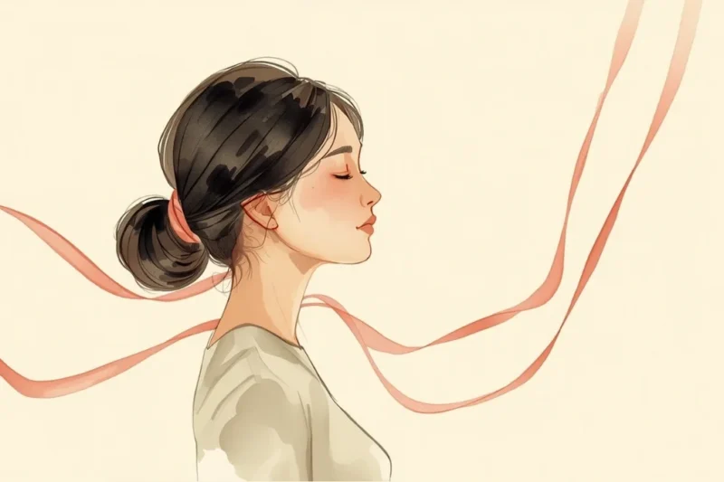 Minh họa người phụ nữ nhắm mắt thư thái với dải ruy băng hồng, chủ đề tầm soát ung thư vú