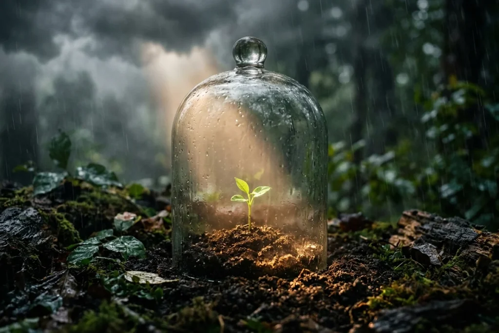 Lồng chuông thủy tinh bảo vệ mầm cây xanh trong mưa bão minh họa cho Thuyết tiêm phòng tâm lý Inoculation Theory