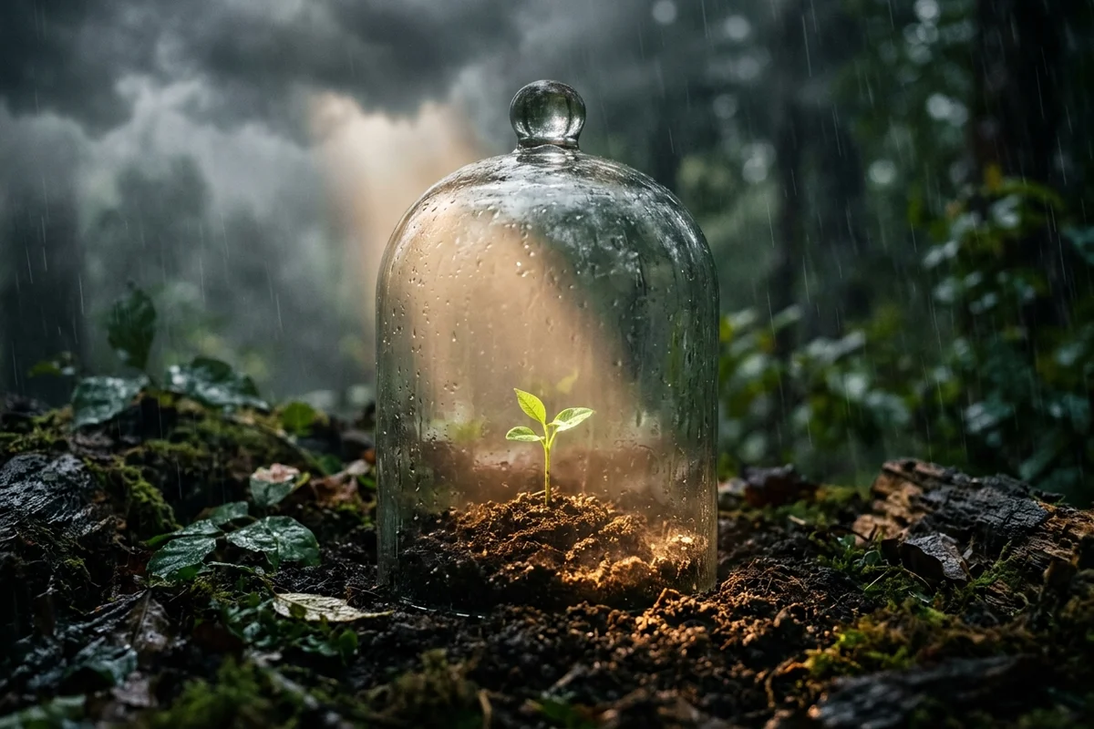 Lồng chuông thủy tinh bảo vệ mầm cây xanh trong mưa bão minh họa cho Thuyết tiêm phòng tâm lý Inoculation Theory