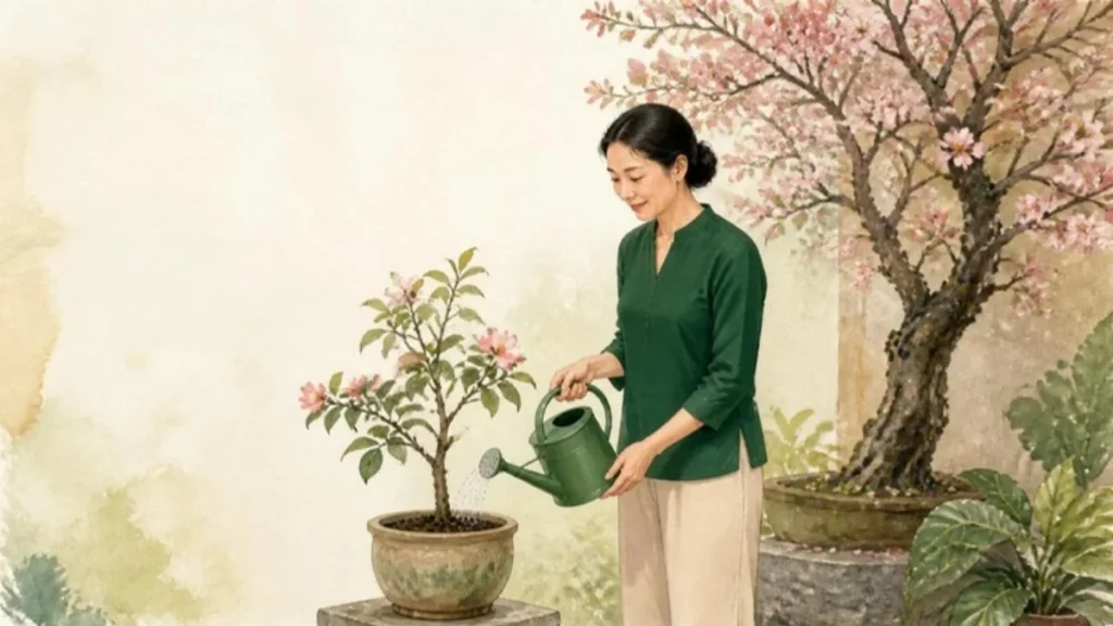 Minh họa người phụ nữ tưới cây non đang nở hoa trong vườn, chủ đề tiêm vắc-xin HPV sau 26 tuổi