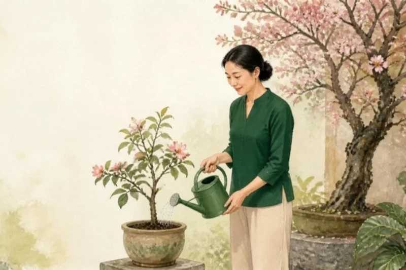 Minh họa người phụ nữ tưới cây non đang nở hoa trong vườn, chủ đề tiêm vắc-xin HPV sau 26 tuổi