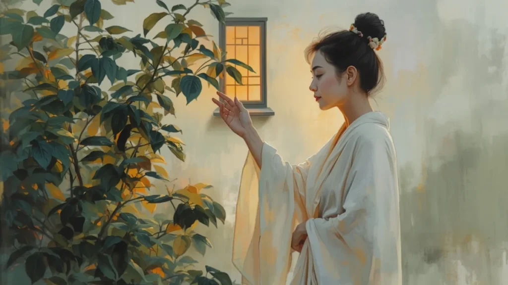 Minh họa người phụ nữ trung niên trong khu vườn lúc hoàng hôn, chủ đề tiền mãn kinh và mãn kinh