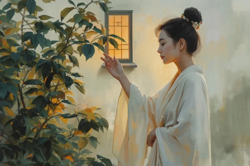 Minh họa người phụ nữ trung niên trong khu vườn lúc hoàng hôn, chủ đề tiền mãn kinh và mãn kinh