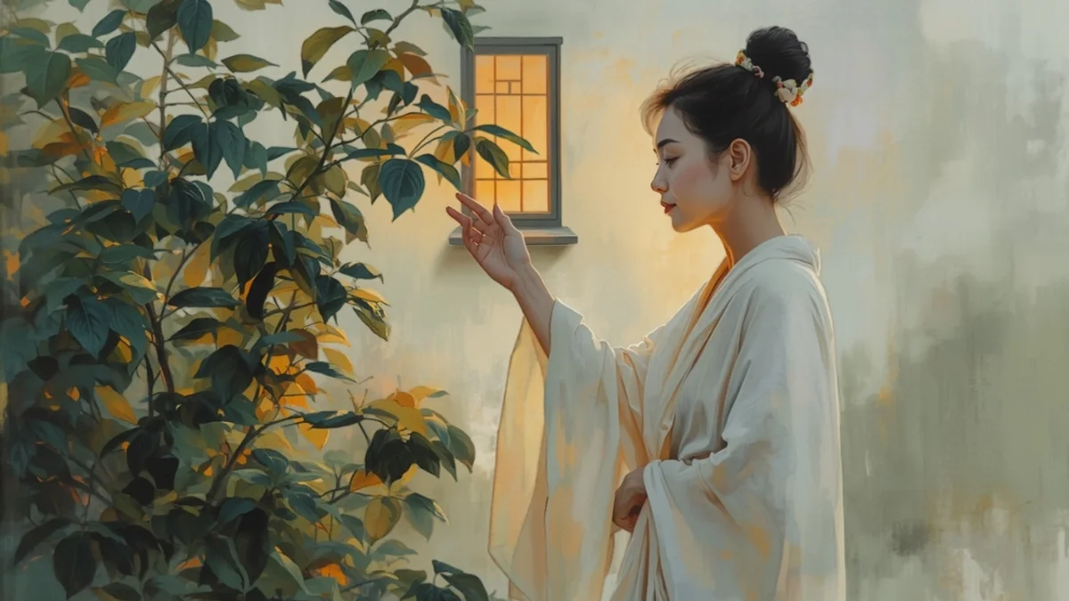 Minh họa người phụ nữ trung niên trong khu vườn lúc hoàng hôn, chủ đề tiền mãn kinh và mãn kinh