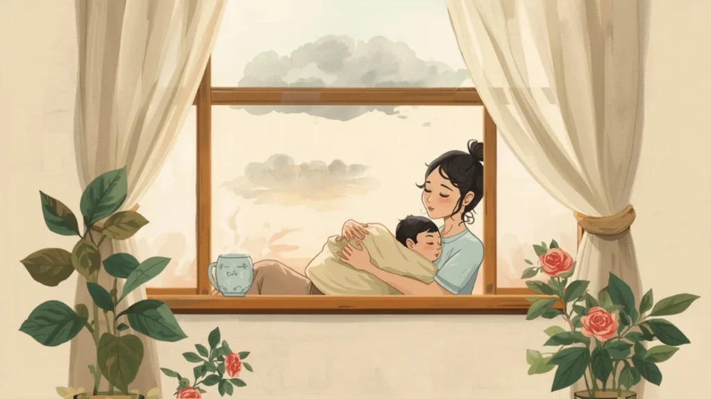 Minh họa người mẹ ôm con bên cửa sổ lúc bình minh, chủ đề trầm cảm sau sinh và baby blues