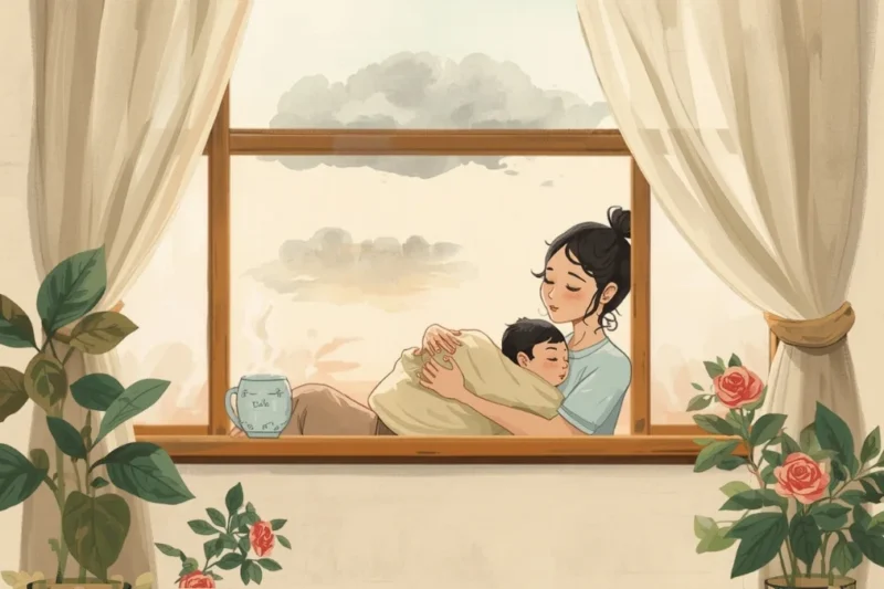 Minh họa người mẹ ôm con bên cửa sổ lúc bình minh, chủ đề trầm cảm sau sinh và baby blues