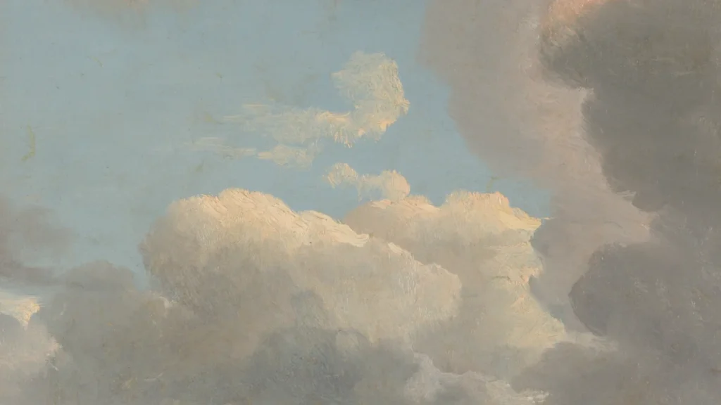 Tranh “Nghiên cứu mây lúc chiều” (Simon Denis, khoảng 1786–1806), bầu trời mây trắng, minh họa bài về vì sao ít nữ phi công