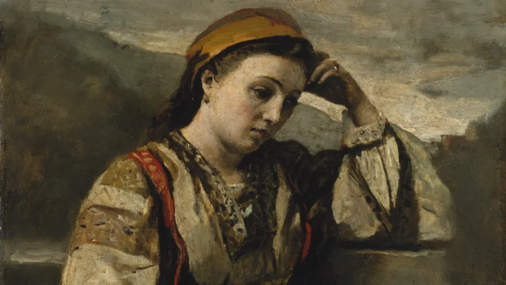 Tranh “Mơ màng” (Camille Corot, sau 1857), người phụ nữ tựa tay lên đầu, ánh mắt lo nghĩ, minh họa bài về rối loạn lo âu ở phụ nữ