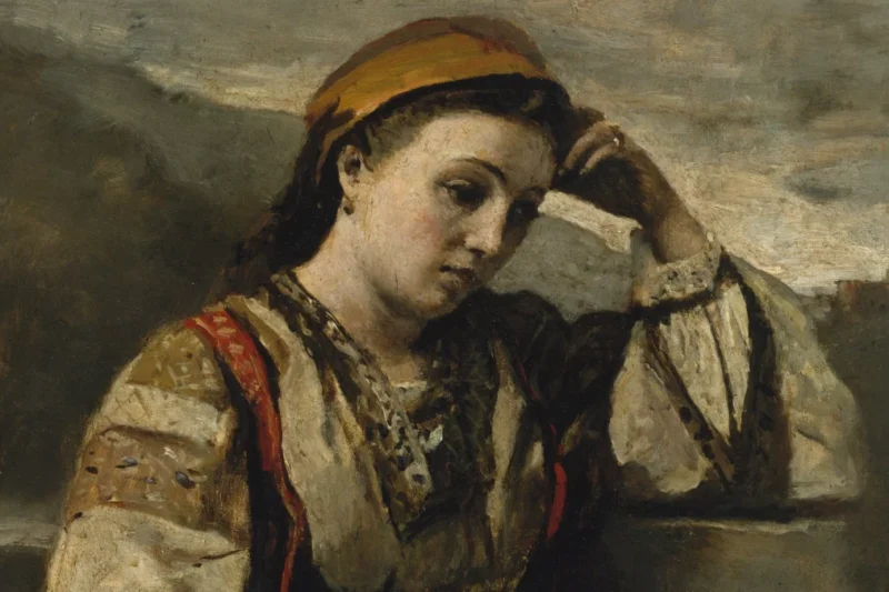 Tranh “Mơ màng” (Camille Corot, sau 1857), người phụ nữ tựa tay lên đầu, ánh mắt lo nghĩ, minh họa bài về rối loạn lo âu ở phụ nữ