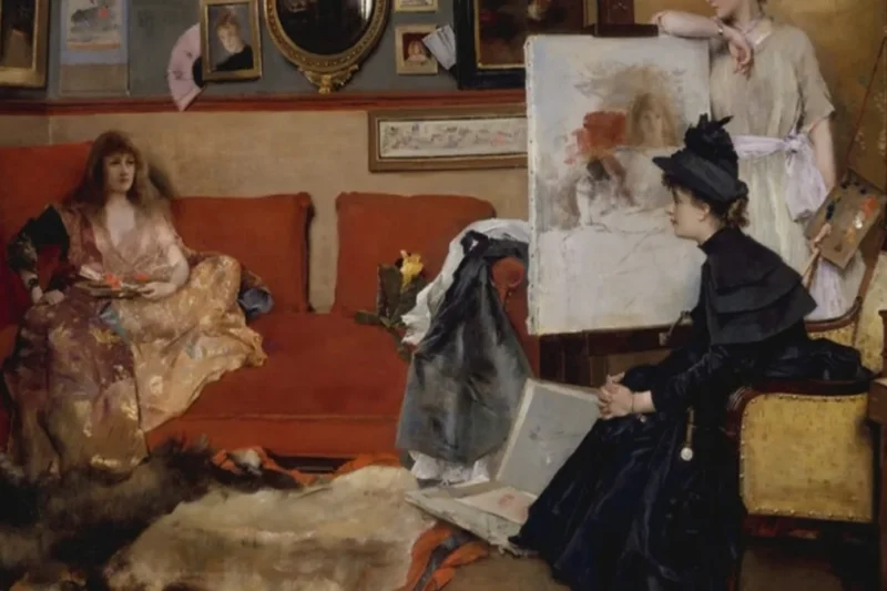 Tranh In the Studio (Alfred Stevens, 1888) với người phụ nữ làm nghề trong xưởng vẽ, minh họa chủ đề chuyên gia nữ trên báo chí