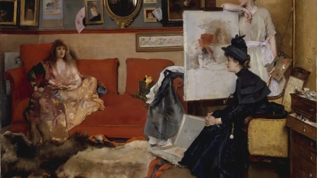 Tranh In the Studio (Alfred Stevens, 1888) với người phụ nữ làm nghề trong xưởng vẽ, minh họa chủ đề chuyên gia nữ trên báo chí