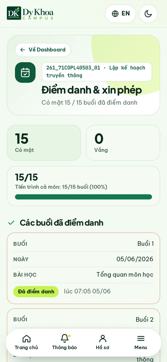 Điểm danh & xin phép — Từng buổi đã điểm danh, giờ quét và số buổi vắng.