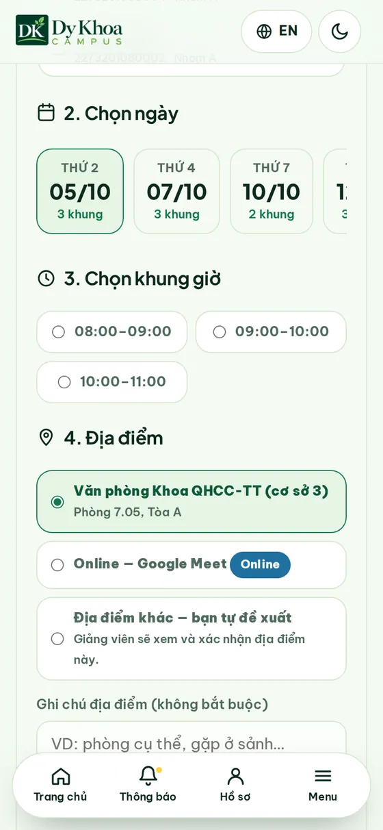 Màn hình đặt lịch hẹn: chọn ngày, khung giờ và địa điểm