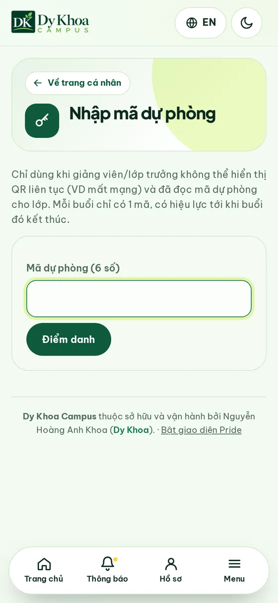 Mã dự phòng — Lớp mất mạng vẫn điểm danh được.