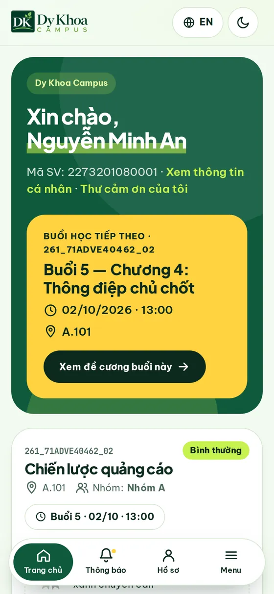 Trang chủ sinh viên trên Dy Khoa Campus: lời chào, buổi học tiếp theo và lớp đang học