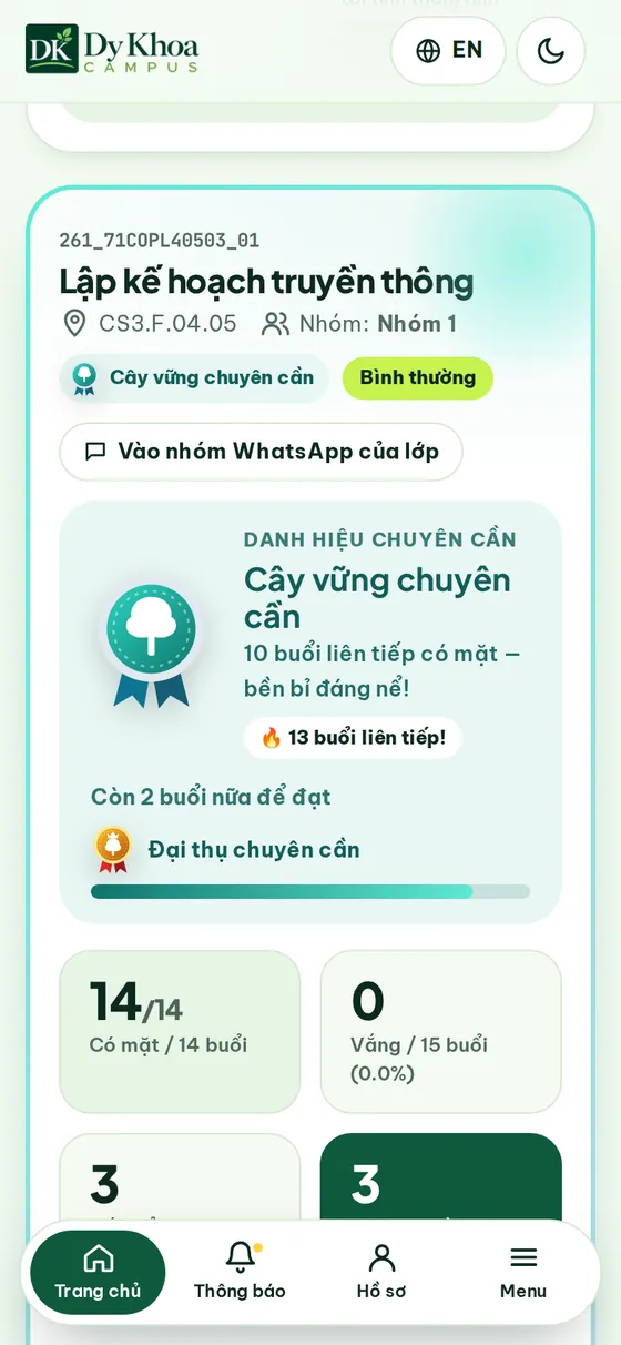 Danh hiệu chuyên cần — Chuỗi có mặt liên tiếp và bậc tiếp theo.