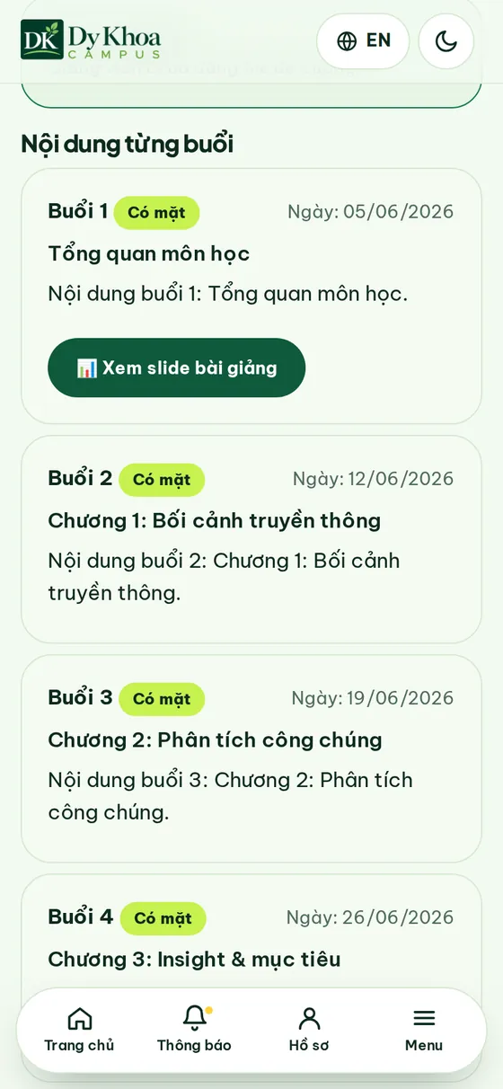Đề cương & slide — Nội dung từng buổi, mở slide ngay trong app.